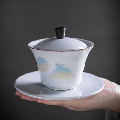 手绘甜白盖碗三才碗 陶瓷青花瓷泡茶杯中的雅致之选